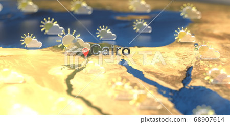 Partly cloudy weather icons near Cairo city on the map, weather forecast related 3D rendering Partly cloudy weather icons near Cairo city on the map, weather forecast related 3D rendering 68907614