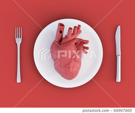 3d illustration of anatomical heart on plate, 68907800