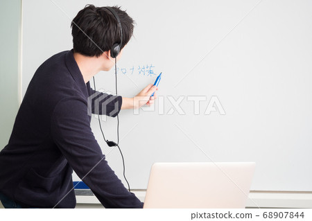 Men writing letters towards whiteboard at web conference Men writing letters towards whiteboard at web conference 68907844