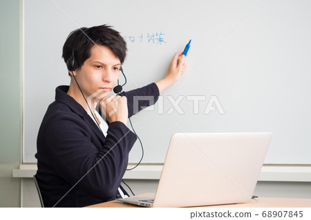 Men writing letters towards whiteboard at web conference Men writing letters towards whiteboard at web conference 68907845