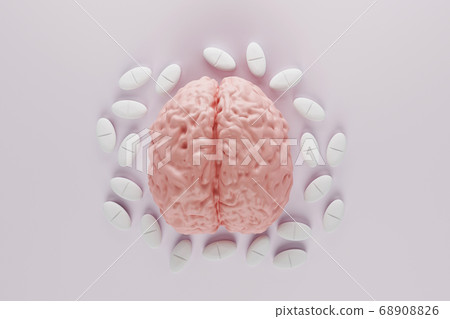 human brain surrounded by pills on gray 68908826