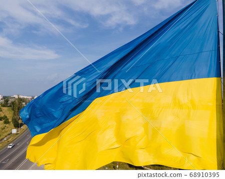 National flag of Ukraine by day. Kyiv aerial 68910395