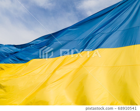 National flag of Ukraine by day. Kyiv aerial 68910541