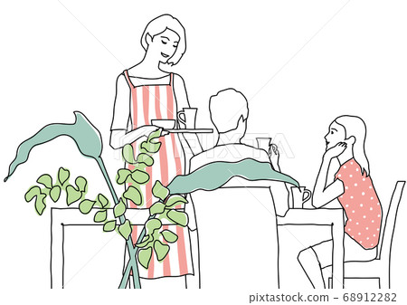 Family of three drinking tea at the table Family of three drinking tea at the table 68912282