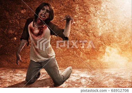 Scary zombie with blood and wound on his body crawling on the floor Scary zombie with blood and wound on his body crawling on the floor 68912706