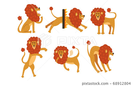 Set of Cute Funny Lion Cartoon Character in Various Poses Cartoon Style Vector Illustration 68912804