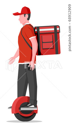 Delivery man riding monowheel with the box. 68912909