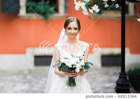 Beauty portrait of bride wearing fashion wedding dress with feathers with luxury delight make-up and hairstyle Beauty portrait of bride wearing fashion wedding dress with feathers with luxury delight make-up and hairstyle 68913364