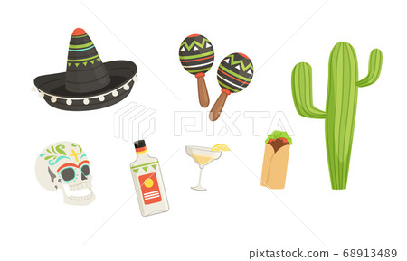Set of Mexico Latin America Symbols, Cinco de Mayo Design Elements Cartoon Style Vector Illustration 68913489
