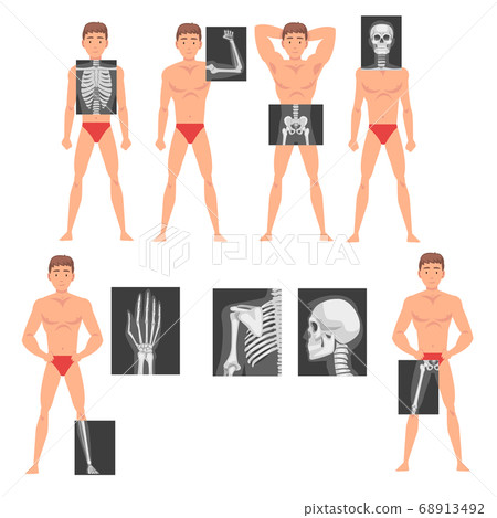 Young Man Standing in Undershorts with His Skeleton X-ray Presented on Monitor Vector Set Young Man Standing in Undershorts with His Skeleton X-ray Presented on Monitor Vector Set 68913492