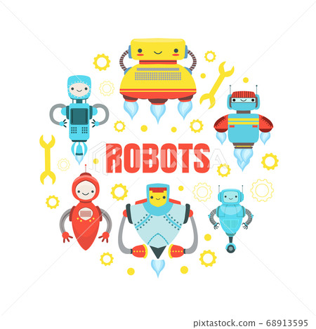 Robots Banner Template with Cute Friendly Android Robots of Round Shape, Robotic Technology, Automation Concept Vector Illustration 68913595