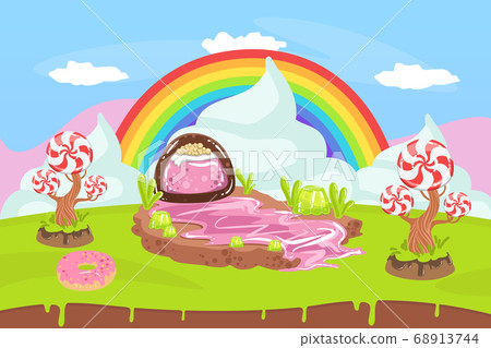 Sweet Candy Land, Fantasy Landscape with Rainbow, Desserts and Sweets Vector Illustration Sweet Candy Land, Fantasy Landscape with Rainbow, Desserts and Sweets Vector Illustration 68913744