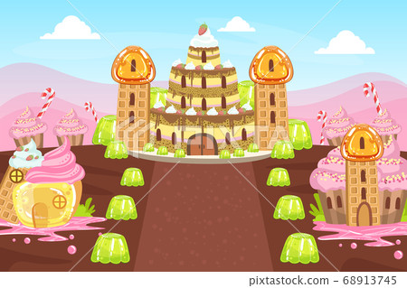 Sweet Candy Land, Fairy Tale Landscape with Fantasy Castle, Desserts and Sweets Colorful Vector Illustration 68913745
