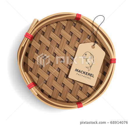 Packaging mackerel basket, product realistic template design with label fish isolated Packaging mackerel basket, product realistic template design with label fish isolated 68914076