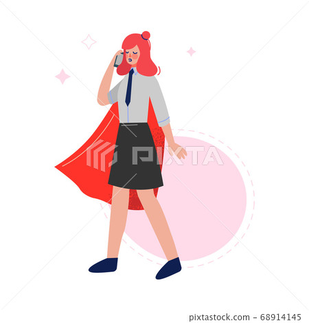 Super Businesswoman Wearing Red Cape Talking on the Phone, Successful Superhero Business Character, Leadership, Challenge Goal Achievement Vector Illustration 68914145
