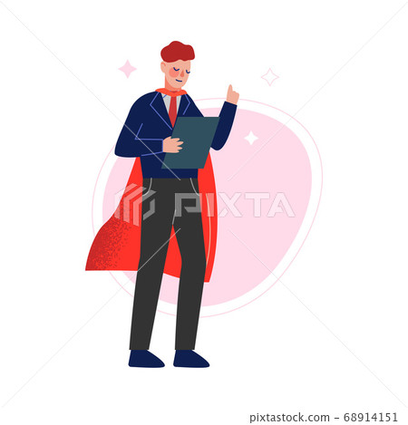 Super Man in Red Waving Cape Raising Up His Finger Giving Advice, Successful Superhero Business Person Character, Leadership, Challenge Goal Achievement Vector Illustration 68914151