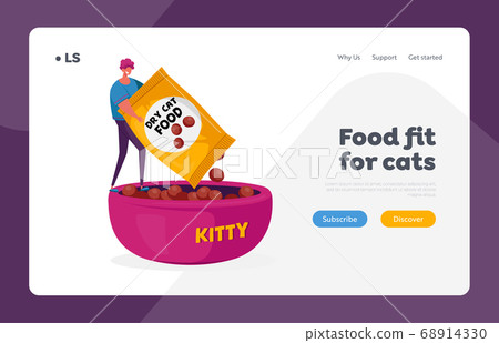 Love and Care of Animals, Pets Landing Page Template. Tiny Male Character Holding Huge Package with Dry Food for Cat Love and Care of Animals, Pets Landing Page Template. Tiny Male Character Holding Huge Package with Dry Food for Cat 68914330