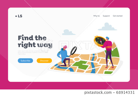 Tiny Characters Orienteering at Huge Map Landing Page Template. Men with Magnifier and Compass Searching Way in City Tiny Characters Orienteering at Huge Map Landing Page Template. Men with Magnifier and Compass Searching Way in City 68914331