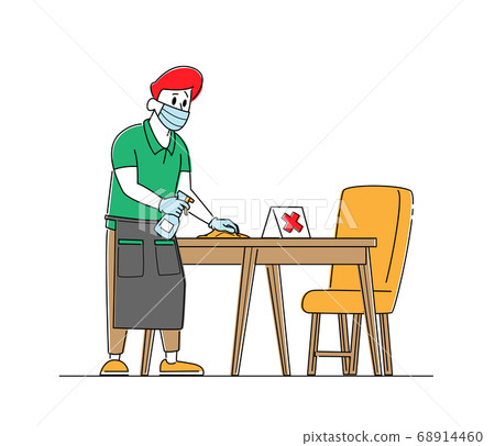 Waiter in Protective Face Mask and Gloves Disinfecting Tables at Cafe or Restaurant. Hospitality Service at Coronavirus Waiter in Protective Face Mask and Gloves Disinfecting Tables at Cafe or Restaurant. Hospitality Service at Coronavirus 68914460