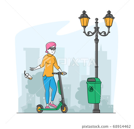 Girl Citizen or City Dweller on Push Scooter Passing by Litter Bin Throwing Garbage on Ground Ignoring Warning Sign Girl Citizen or City Dweller on Push Scooter Passing by Litter Bin Throwing Garbage on Ground Ignoring Warning Sign 68914462