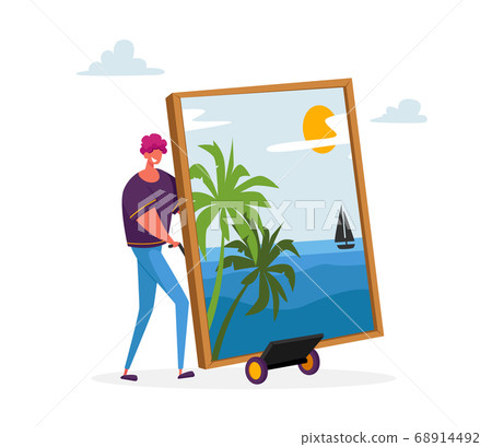 Male Character Presenting Masterpiece Art he Created. Man Show Picture with Palm Trees and Sailing Ship on Seascape Male Character Presenting Masterpiece Art he Created. Man Show Picture with Palm Trees and Sailing Ship on Seascape 68914492