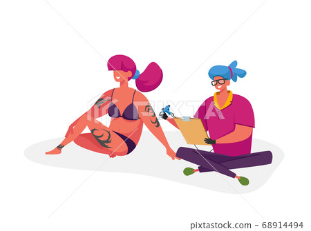 Artist Master Making Tattoo to Woman with Machine and Inks Looking on Drawing Sketch at Clip Board. Tattooing Art Artist Master Making Tattoo to Woman with Machine and Inks Looking on Drawing Sketch at Clip Board. Tattooing Art 68914494