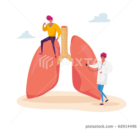 Asthma Disease, Medical Care, Respiratory Medicine, Pulmonology. Doctor Character with Stethoscope Checking Sick Lungs Asthma Disease, Medical Care, Respiratory Medicine, Pulmonology. Doctor Character with Stethoscope Checking Sick Lungs 68914496
