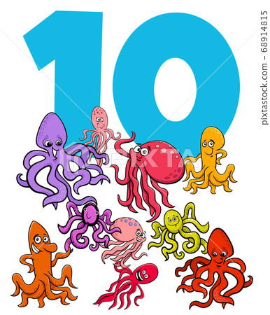 number ten and cartoon octopus animals group 68914815