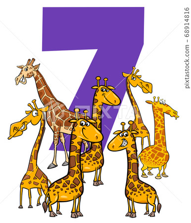 number seven and cartoon giraffe animals group 68914816
