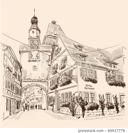 Sketch of the central street of a European city with multi-storey buildings and pedestrians. Sketch of the central street of a European city with multi-storey buildings and pedestrians. 68917776