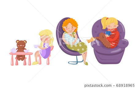 Woman Nestling in Armchair and Drinking Hot Tea and Kid Sitting on Chair and Playing Toy Bear Vector Illustration Set Woman Nestling in Armchair and Drinking Hot Tea and Kid Sitting on Chair and Playing Toy Bear Vector Illustration Set 68918965