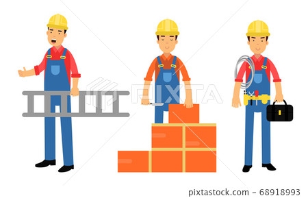 Young Man Constructor in Yellow Hard Hat and Blue Overall Carrying Ladder and Laying Bricks Vector Illustration Set Young Man Constructor in Yellow Hard Hat and Blue Overall Carrying Ladder and Laying Bricks Vector Illustration Set 68918993