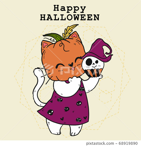cute doodle happy white cat with craved pumpkin cute doodle happy white cat with craved pumpkin 68919890