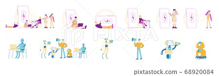 Set of Characters Charging Gadgets. Artificial Intelligence and Augmented Reality Technologies. People and Robots Work 68920084
