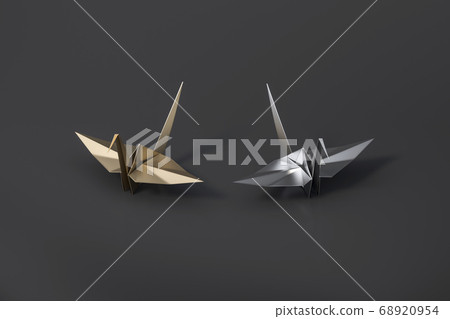 Gold and silver Origami Bird, bird paper crane on black background 3d rendering. 3d illustration pair of bird paper craft for Hiroshima remembrance day minimal style concept. 68920954