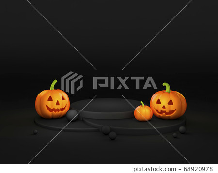 Halloween pumpkin and human skull with podium display stand on dark background 3d rendering. 3d illustration pumpkin for celebration luxury Halloween event template minimal style concept. Halloween pumpkin and human skull with podium display stand on dark background 3d rendering. 3d illustration pumpkin for celebration luxury Halloween event template minimal style concept. 68920978