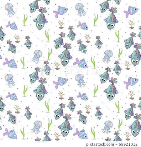 Jellyfish and small fish swim on a white Jellyfish and small fish swim on a white 68921012