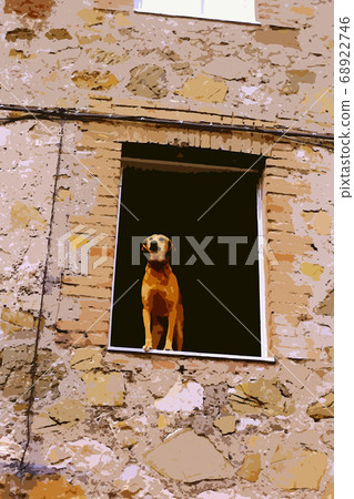Digital painting style representing a light brown dog looking out of a window Digital painting style representing a light brown dog looking out of a window 68922746