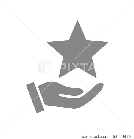 Hand holds star on palm gray icon. Charity, add to favorites, customer review, rating symbol Hand holds star on palm gray icon. Charity, add to favorites, customer review, rating symbol 68923430