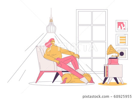 Concept scene with woman listening to old fashion Concept scene with woman listening to old fashion 68925955