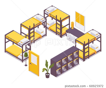 Hostel isometric set with bunk beds and lockers. 68925972