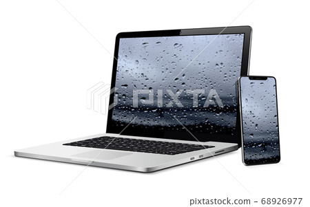 Laptop and smartphone with water drops wallpaper on screen isolated on white background Laptop and smartphone with water drops wallpaper on screen isolated on white background 68926977