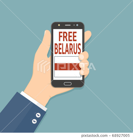 Hand hold smartphone with Free Belarus text on screen. Protest after presidential elections 2020 in Belarus. Vector illustration 68927005