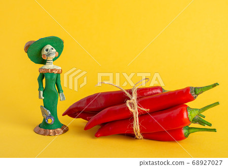 Red hot chili peppers and Catrina La Calavera Garbancera , Dapper Skeleton, Elegant Skull 68927027