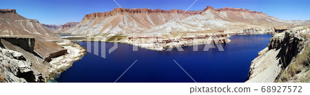 Very large panorama (49MP). Band-e Amir lakes near Bamyan (Bamiyan) in Central Afghanistan. Band e Amir was the first national park in Afghanistan. The natural blue lakes are formed by travertine dams Very large panorama (49MP). Band-e Amir lakes near Bamyan (Bamiyan) in Central Afghanistan. Band e Amir was the first national park in Afghanistan. The natural blue lakes are formed by travertine dams 68927572