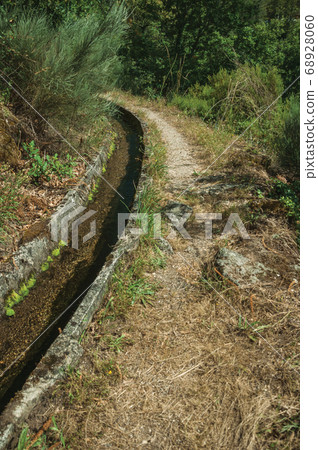 Concrete drainage canal next to dirt path Concrete drainage canal next to dirt path 68928060