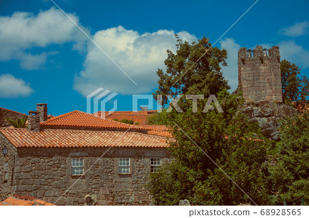 Houses made of stone with leafy treetop and tower 68928565