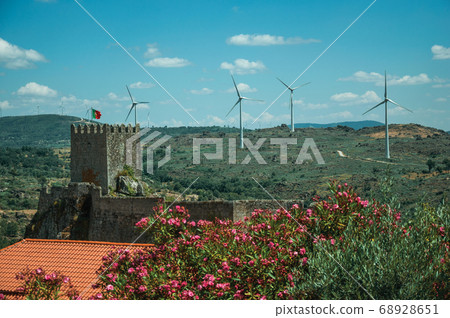 Flowered leafy trees and castle over rocky cliff 68928651