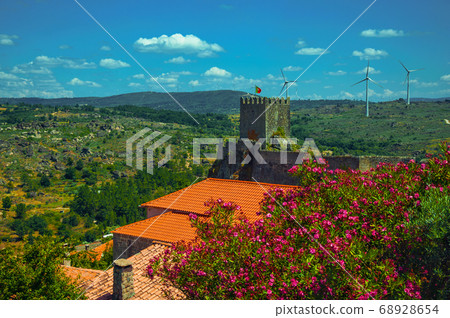 Flowered leafy trees and castle over rocky cliff 68928654
