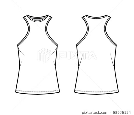 Cotton-jersey tank technical fashion illustration with racer-back straps, oversized, elongated hem, crew neck. Flat Cotton-jersey tank technical fashion illustration with racer-back straps, oversized, elongated hem, crew neck. Flat 68936134
